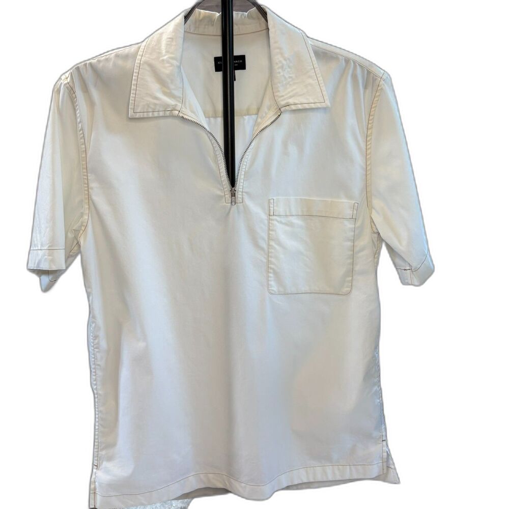 Club Monaco Men's White Quarter Zip Size Small Short Sleeve Collared Shirt EUC